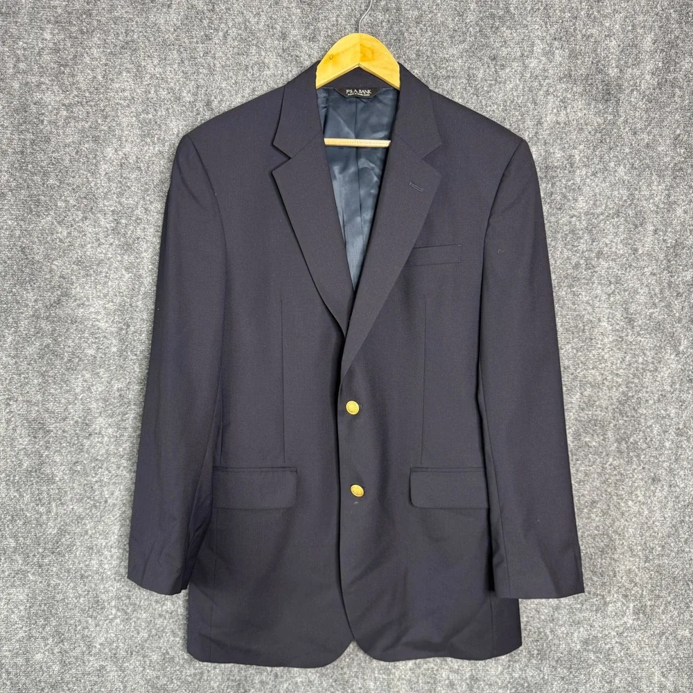 Jos A Bank Mens 41L Navy Blue Blazer Gold Two‎ Button Sport Coat Jacket Business